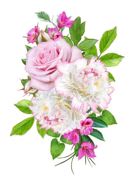 Composición Floral Ramo Tiernas Peonías Rosadas Blancas Rosas Pastel Hojas —  Fotos de Stock