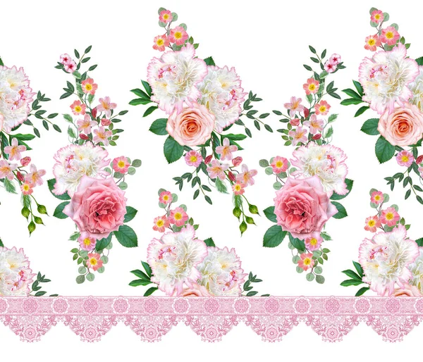 Kwiatowy Wzór Układania Kwiatów Bukiet Delikatny Piękne Różowe Róże Białe — Zdjęcie stockowe