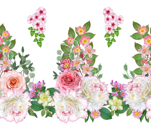 Sömlös Blommönster Blomsterarrangemang Bukett Delikat Vackra Rosa Rosor Vita Pioner — Stockfoto