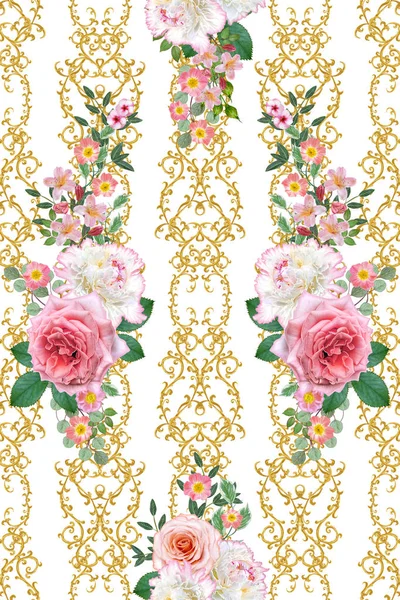 Garland, hassas turuncu gül, beyaz şakayık, parlak pembe çiçekler Buket. Seamless modeli. Altın dokulu bukleler. Oryantal tarzı arabesk. Parlak dantel. Hassas dokuma ajur.