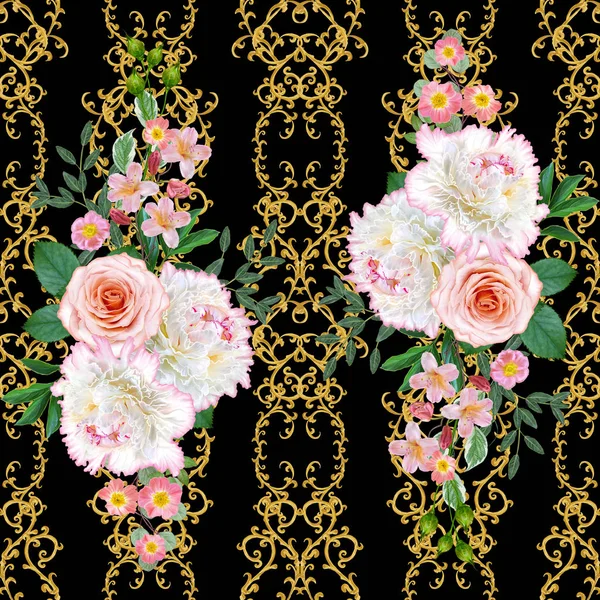 Garland, hassas turuncu gül, beyaz şakayık, parlak pembe çiçekler Buket. Seamless modeli. Altın dokulu bukleler. Oryantal tarzı arabesk. Parlak dantel. Hassas dokuma ajur.