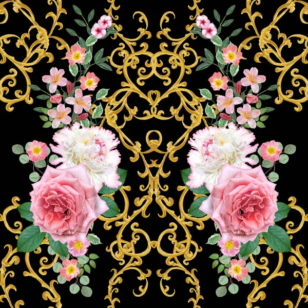 Garland, hassas turuncu gül, beyaz şakayık, parlak pembe çiçekler Buket. Seamless modeli. Altın dokulu bukleler. Oryantal tarzı arabesk. Parlak dantel. Hassas dokuma ajur.