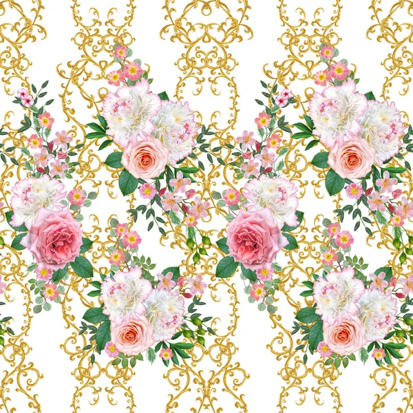 Garland, hassas turuncu gül, beyaz şakayık, parlak pembe çiçekler Buket. Seamless modeli. Altın dokulu bukleler. Oryantal tarzı arabesk. Parlak dantel. Hassas dokuma ajur.