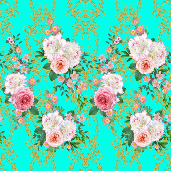 Garland, hassas turuncu gül, beyaz şakayık, parlak pembe çiçekler Buket. Seamless modeli. Altın dokulu bukleler. Oryantal tarzı arabesk. Parlak dantel. Hassas dokuma ajur.