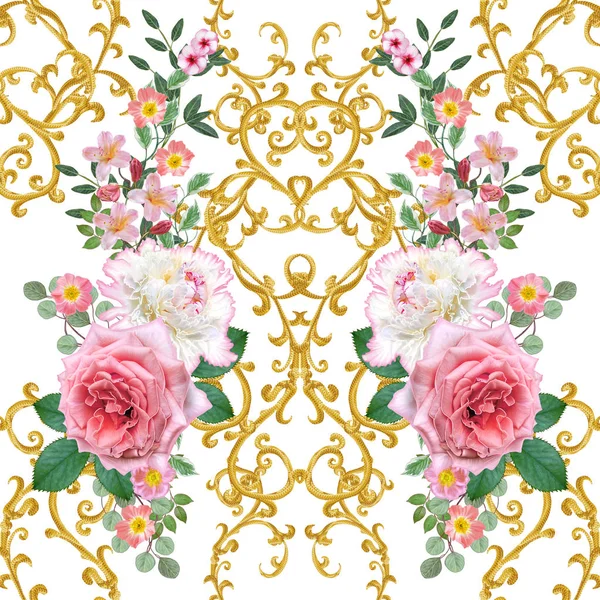 Garland, hassas turuncu gül, beyaz şakayık, parlak pembe çiçekler Buket. Seamless modeli. Altın dokulu bukleler. Oryantal tarzı arabesk. Parlak dantel. Hassas dokuma ajur.