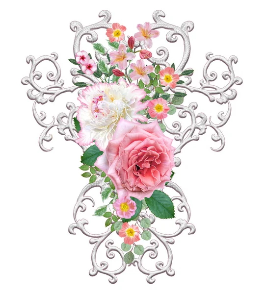 Dekor unsuru. Arabesk, hassas dantel, narin pembe gül, beyaz şakayık, güzel küçük çiçekler, çiçek çelenk şeklinde altın parlak ajur yaprak.