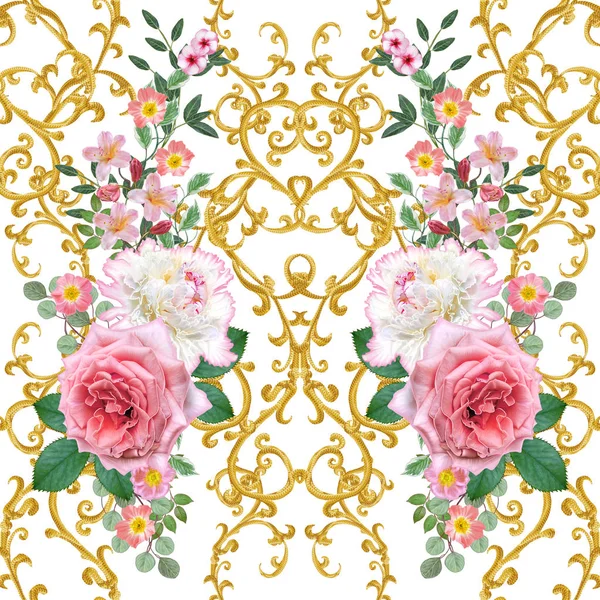 Garland, hassas turuncu gül, beyaz şakayık, parlak pembe çiçekler Buket. Seamless modeli. Altın dokulu bukleler. Oryantal tarzı arabesk. Parlak dantel. Hassas dokuma ajur.