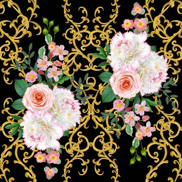 Guirlande Bouquet Délicates Roses Orange Pivoine Blanche Fleurs Rose Vif — Photo