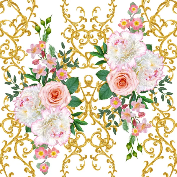 Γιρλάντα Λεπτή Πορτοκαλί Τριαντάφυλλα Λευκή Παιώνια Φωτεινά Ροζ Λουλούδια Μπουκέτο — Φωτογραφία Αρχείου