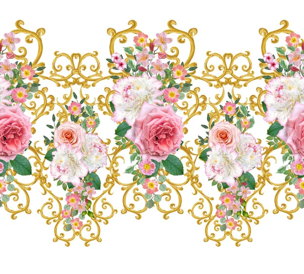 Garland, hassas turuncu gül, beyaz şakayık, parlak pembe çiçekler Buket. Seamless modeli. Altın dokulu bukleler. Oryantal tarzı arabesk. Parlak dantel. Hassas dokuma ajur.