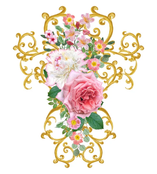 Dekor unsuru. Arabesk, hassas dantel, narin pembe gül, beyaz şakayık, güzel küçük çiçekler, çiçek çelenk şeklinde altın parlak ajur yaprak.