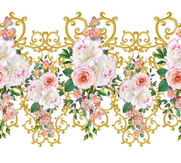 Гирлянда Букет Нежных Оранжевых Роз Белый Пион Ярко Розовые Цветы — стоковое фото