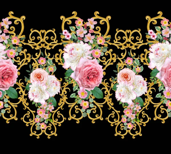 Garland, hassas turuncu gül, beyaz şakayık, parlak pembe çiçekler Buket. Seamless modeli. Altın dokulu bukleler. Oryantal tarzı arabesk. Parlak dantel. Hassas dokuma ajur.