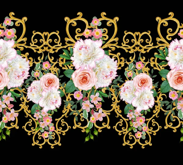 Ghirlanda Bouquet Delicate Rose Arancioni Peonia Bianca Fiori Rosa Brillante — Foto Stock