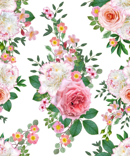Sömlös Blommönster Blomsterarrangemang Bukett Delikat Vackra Rosa Rosor Vita Pioner — Stockfoto