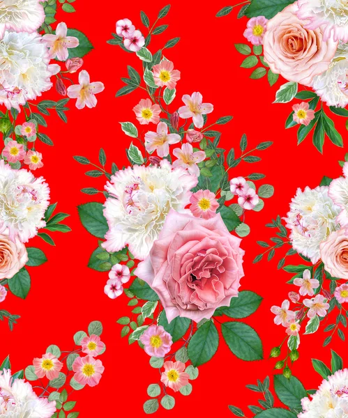 Çiçek seamless modeli. Aranjman çiçek, buket hassas güzel pembe gül, beyaz peonies yeşil yaprakları.