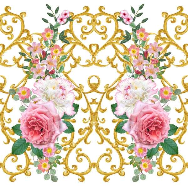 Гірлянди Букет Делікатний Помаранчеві Троянди Біла Півонія Яскраві Рожеві Квіти — стокове фото