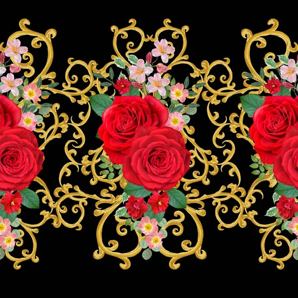 鲜艳的红玫瑰花束 明亮的粉红色的花朵 无缝模式 金色质感的卷发 东方风格的花纹 灿烂的花边 镂空编织精致 — 图库照片