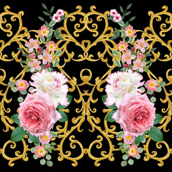 Garland, hassas turuncu gül, beyaz şakayık, parlak pembe çiçekler Buket. Seamless modeli. Altın dokulu bukleler. Oryantal tarzı arabesk. Parlak dantel. Hassas dokuma ajur.