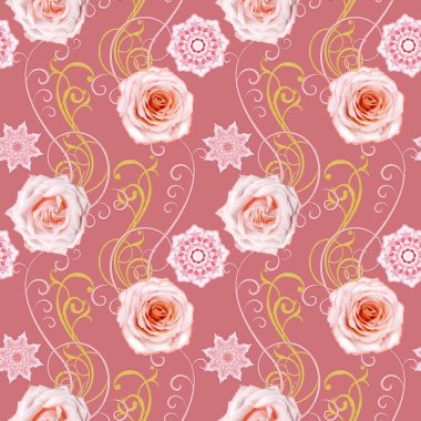 Seamless modeli. Dekoratif dekorasyon, desenli eleman, hassas dokulu yaprak güzel dantel ve inci yapılmış. Parlak bukleler, bud pastel pembe Gül jeweled. Hassas dokuma Ajur.