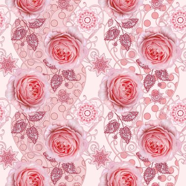 Seamless modeli. Dekoratif dekorasyon, desenli eleman, hassas dokulu yaprak güzel dantel ve inci yapılmış. Parlak bukleler, bud pastel pembe Gül jeweled. Hassas dokuma Ajur.
