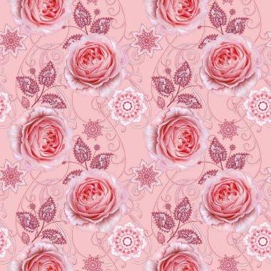 Seamless modeli. Dekoratif dekorasyon, desenli eleman, hassas dokulu yaprak güzel dantel ve inci yapılmış. Parlak bukleler, bud pastel pembe Gül jeweled. Hassas dokuma Ajur.