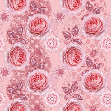 Seamless modeli. Dekoratif dekorasyon, desenli eleman, hassas dokulu yaprak güzel dantel ve inci yapılmış. Parlak bukleler, bud pastel pembe Gül jeweled. Hassas dokuma Ajur.