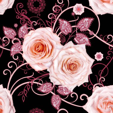 Seamless modeli. Dekoratif dekorasyon, desenli eleman, hassas dokulu yaprak güzel dantel ve inci yapılmış. Parlak bukleler, bud pastel pembe Gül jeweled. Hassas dokuma Ajur.