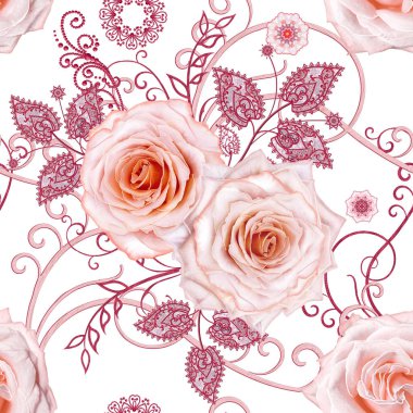 Seamless modeli. Dekoratif dekorasyon, desenli eleman, hassas dokulu yaprak güzel dantel ve inci yapılmış. Parlak bukleler, bud pastel pembe Gül jeweled. Hassas dokuma Ajur.
