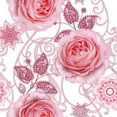 Seamless modeli. Dekoratif dekorasyon, desenli eleman, hassas dokulu yaprak güzel dantel ve inci yapılmış. Parlak bukleler, bud pastel pembe Gül jeweled. Hassas dokuma Ajur.