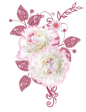 Dekoratif dekorasyon, desenli eleman, hassas dokulu gümüş yaprakları yapılmış güzel dantel ve inci. Mücevherli parlak bukleler, boncuklar, iş parçacığından pastel pembe Gül ahbap. Hassas dokuma Ajur