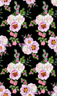 Çiçek seamless modeli. Aranjman çiçek, buket hassas güzel pembe gül, beyaz peonies yeşil yaprakları.