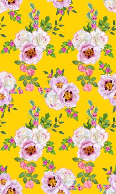 Çiçek seamless modeli. Aranjman çiçek, buket hassas güzel pembe gül, beyaz peonies yeşil yaprakları.