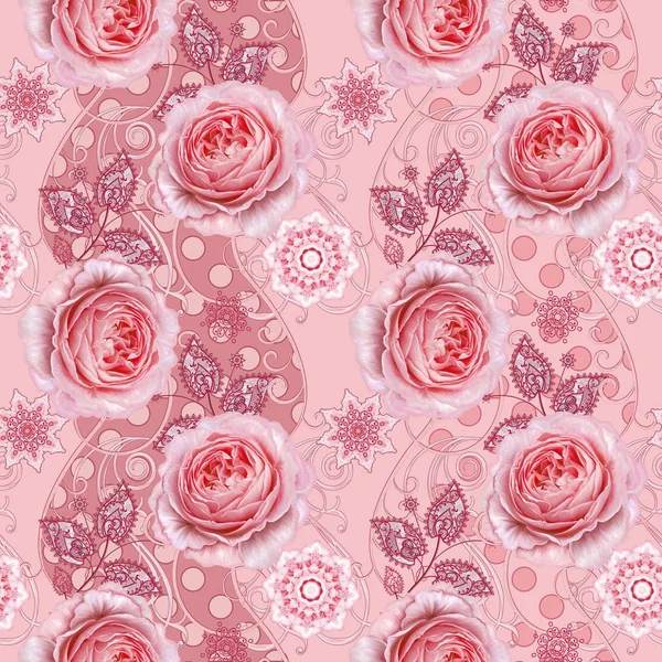 Seamless modeli. Dekoratif dekorasyon, desenli eleman, hassas dokulu yaprak güzel dantel ve inci yapılmış. Parlak bukleler, bud pastel pembe Gül jeweled. Hassas dokuma Ajur.