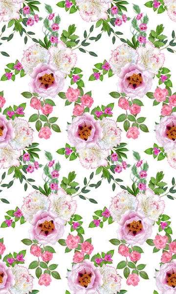 Blomstrende Sømløst Mønster Blomsterarrangement Bukett Delikate Vakre Rosa Roser Hvite – stockfoto