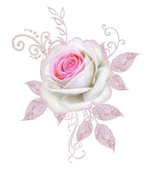  Dekoratif dekorasyon, desenli eleman, hassas dokulu yaprak güzel dantel ve inci yapılmış. Parlak bukleler, bud pastel pembe Gül jeweled. Hassas dokuma Ajur.