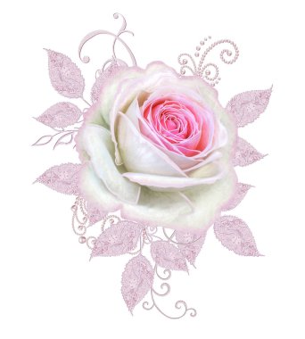  Dekoratif dekorasyon, desenli eleman, hassas dokulu yaprak güzel dantel ve inci yapılmış. Parlak bukleler, bud pastel pembe Gül jeweled. Hassas dokuma Ajur.