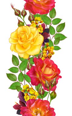 Çiçek seamless modeli. Kırmızı büyük gül, yeşil yaprakları, sarı çiçekler. Dikey kenarlık.