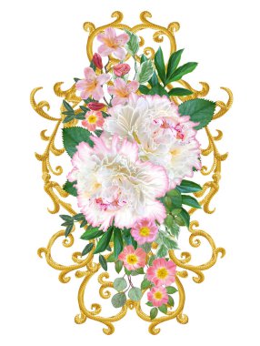 Dekor unsuru. Arabesk, hassas dantel, narin pembe gül, beyaz şakayık, güzel küçük çiçekler, çiçek çelenk şeklinde altın parlak ajur yaprak.