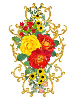 Dekor unsuru. Arabesk, hassas dantel, buket çelenk güzel kırmızı güller, sarı çiçek şeklinde altın parlak ajur, yeşil yaprakları.