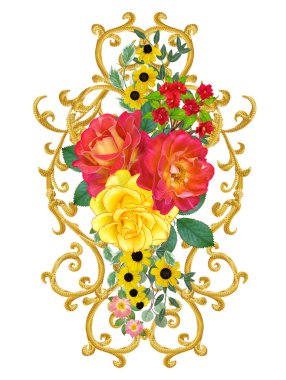 Dekor unsuru. Arabesk, hassas dantel, buket çelenk güzel kırmızı güller, sarı çiçek şeklinde altın parlak ajur, yeşil yaprakları.