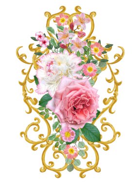 Dekor unsuru. Arabesk, hassas dantel, narin pembe gül, beyaz şakayık, güzel küçük çiçekler, çiçek çelenk şeklinde altın parlak ajur yaprak.