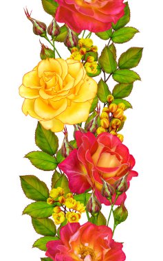 Çiçek seamless modeli. Kırmızı büyük gül, yeşil yaprakları, sarı çiçekler. Dikey kenarlık.