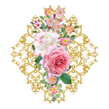 Dekor unsuru. Arabesk, hassas dantel, narin pembe gül, beyaz şakayık, güzel küçük çiçekler, çiçek çelenk şeklinde altın parlak ajur yaprak.