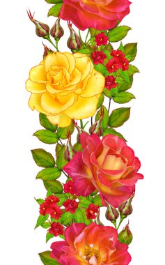 Çiçek seamless modeli. Kırmızı büyük gül, yeşil yaprakları, sarı çiçekler. Dikey kenarlık.