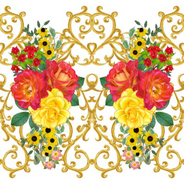 Garland, parlak kırmızı güller, sarı çiçekler Buket. Seamless modeli. Altın dokulu bukleler. Oryantal tarzı arabesk. Parlak dantel. Hassas dokuma ajur.
