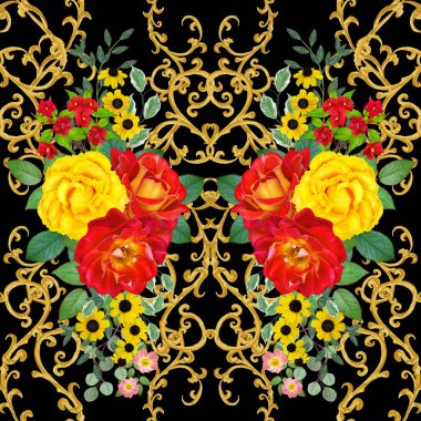 Garland, parlak kırmızı güller, sarı çiçekler Buket. Seamless modeli. Altın dokulu bukleler. Oryantal tarzı arabesk. Parlak dantel. Hassas dokuma ajur.