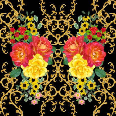 Garland, parlak kırmızı güller, sarı çiçekler Buket. Seamless modeli. Altın dokulu bukleler. Oryantal tarzı arabesk. Parlak dantel. Hassas dokuma ajur.