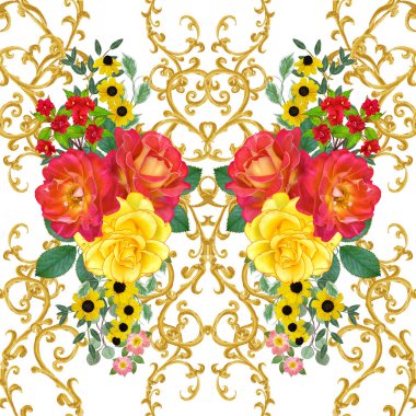 Garland, parlak kırmızı güller, sarı çiçekler Buket. Seamless modeli. Altın dokulu bukleler. Oryantal tarzı arabesk. Parlak dantel. Hassas dokuma ajur.