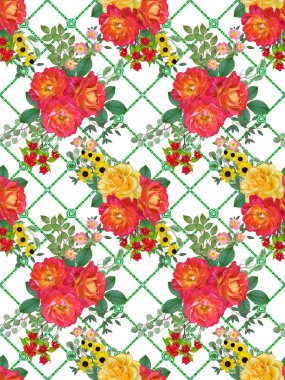 Çiçek seamless modeli. Kırmızı büyük gül, yeşil yaprakları, sarı çiçek.